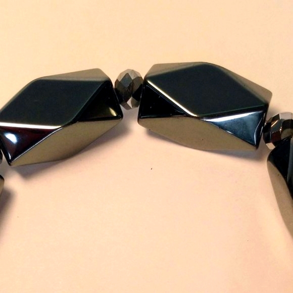 Handmade Hematite Barrel Stretch Bracelet with Gray Cluster Facet Beads - Picture 4 of 5